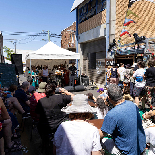 A crowd of people in the street